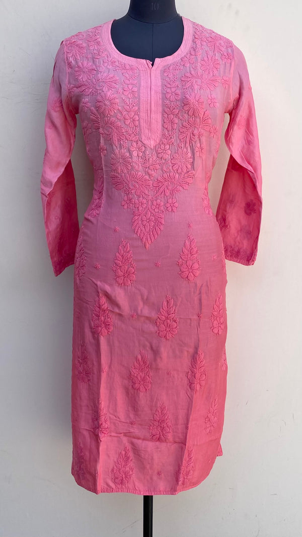 Lucknowi Chikankari Ombre Kurti Pink Muslin Cotton With Self 3D Work