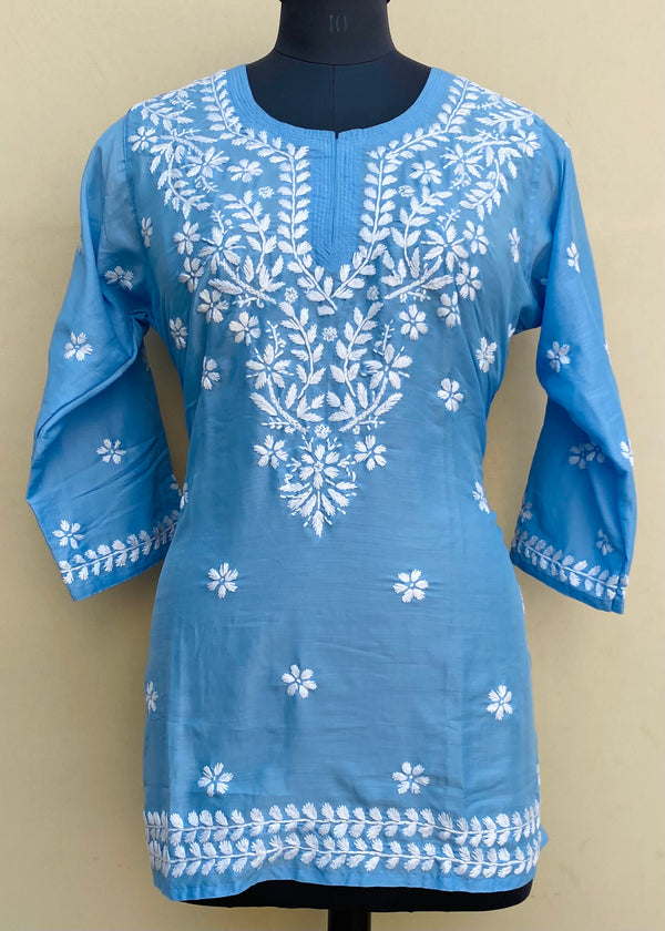 Lucknowi Chikankari Short Kurti Blue Muslin Cotton