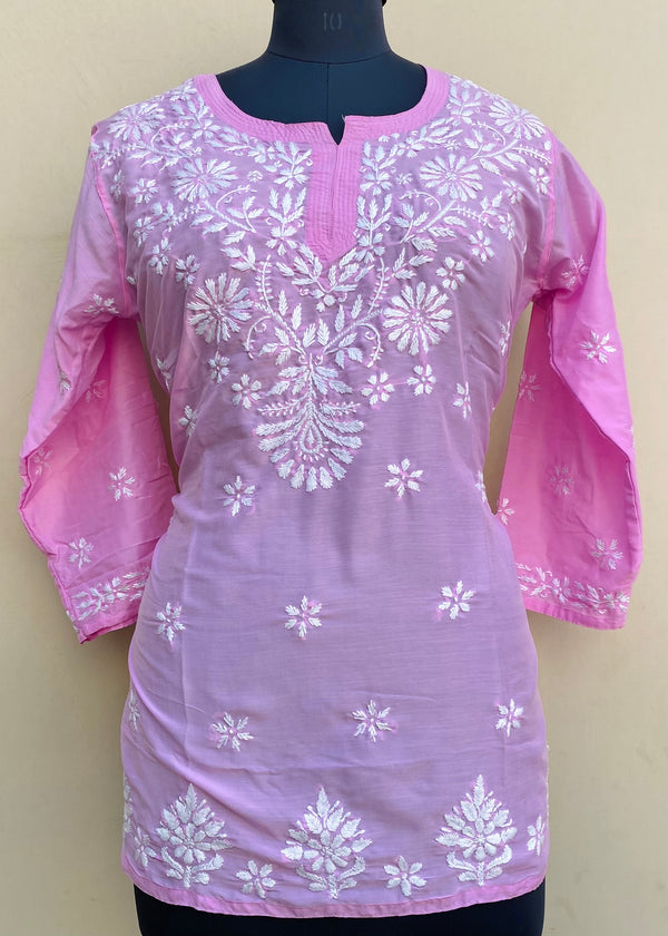 Lucknowi Chikankari Short Kurti Pink Muslin Cotton