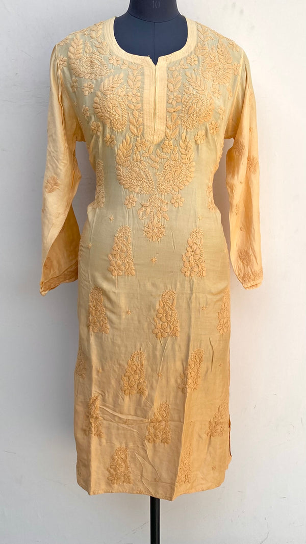 Lucknowi Chikankari Ombre Kurti Beige Muslin Cotton With Self 3D Work