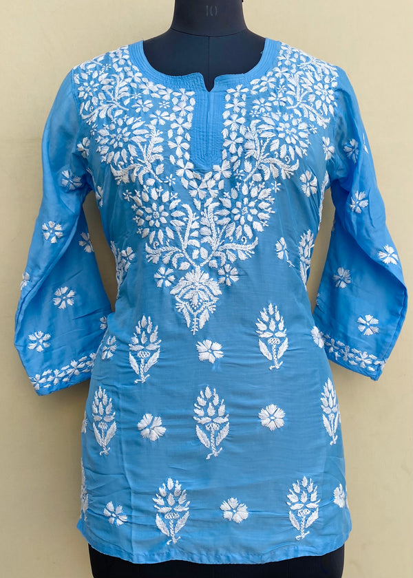 Lucknowi Chikankari Short Kurti Blue Muslin Cotton