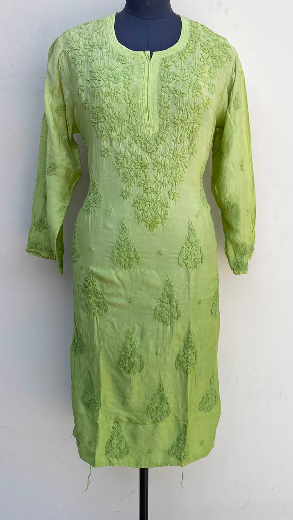 Lucknowi Chikankari Ombre Kurti Green Muslin Cotton With Self 3D Work