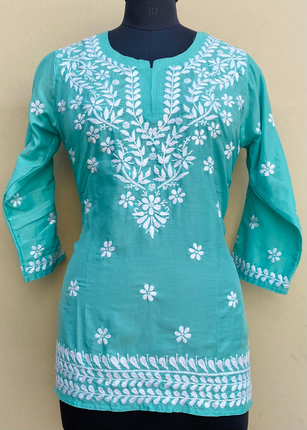 Lucknowi Chikankari Short Kurti Green Muslin Cotton