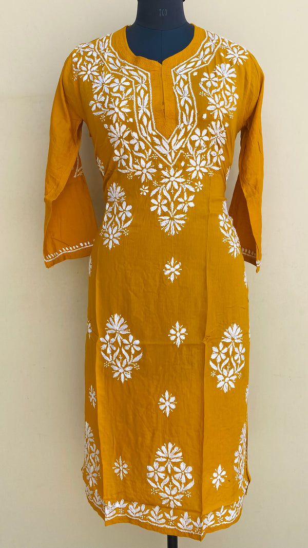 Lucknowi Chikankari Kurti Mustard Modal Cotton