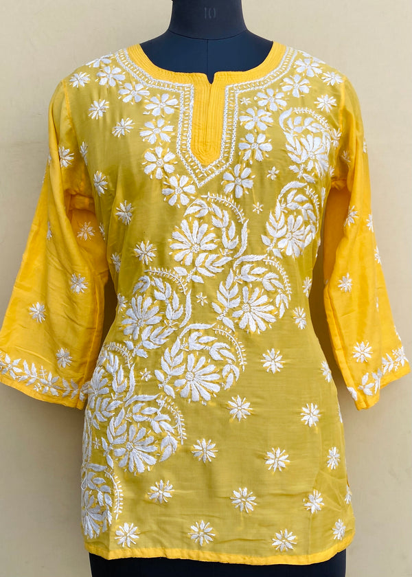 Lucknowi Chikankari Short Kurti Yellow Muslin Cotton