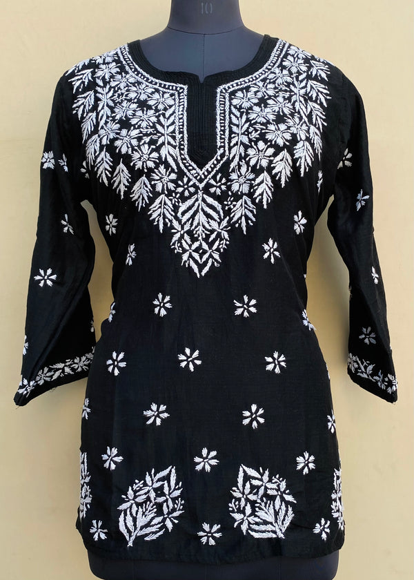 Lucknowi Chikankari Short Kurti Black Muslin Cotton