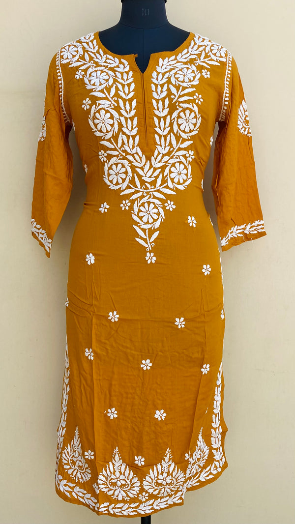 Lucknowi Chikankari Kurti Mustard Modal Cotton