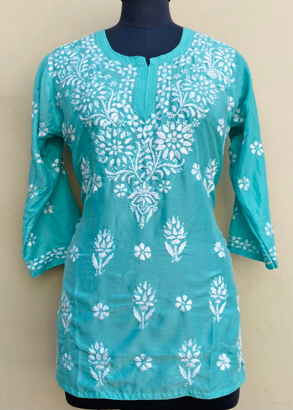 Lucknowi Chikankari Short Kurti Green Muslin Cotton