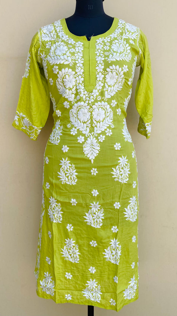 Lucknowi Chikankari Kurti Parrot Green Modal Cotton
