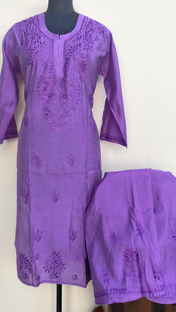 Lucknowi Chikankari Co-ord Set Purple Muslin Cotton With Self Work