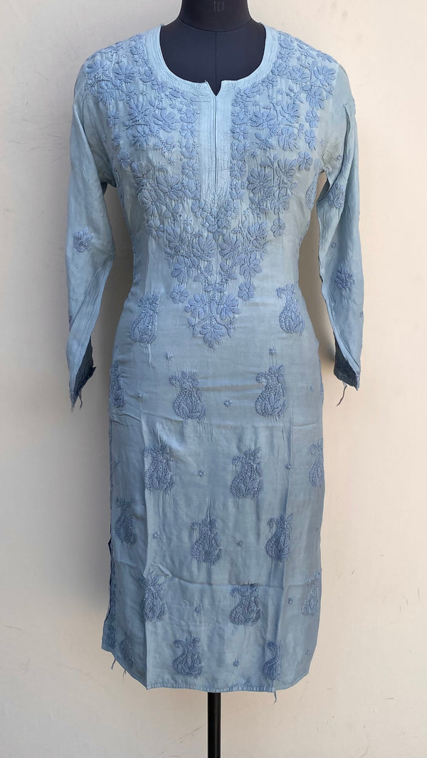 Lucknowi Chikankari Ombre Kurti Gray Muslin Cotton With Self 3D Work