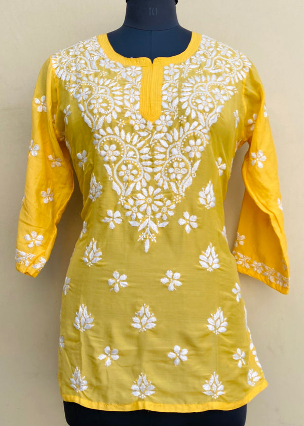 Lucknowi Chikankari Short Kurti Yellow Muslin Cotton