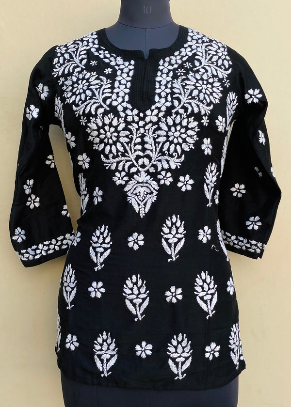 Lucknowi Chikankari Short Kurti Black Muslin Cotton