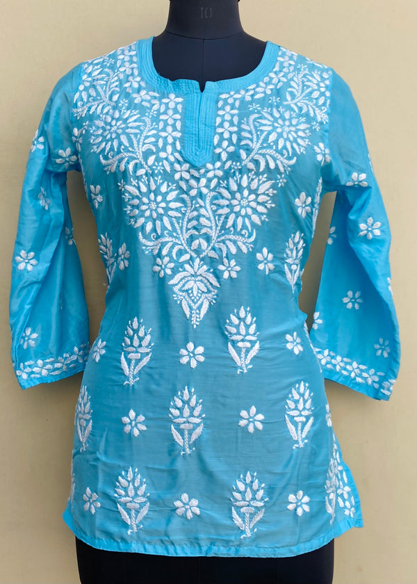 Lucknowi Chikankari Short Kurti Blue Muslin Cotton