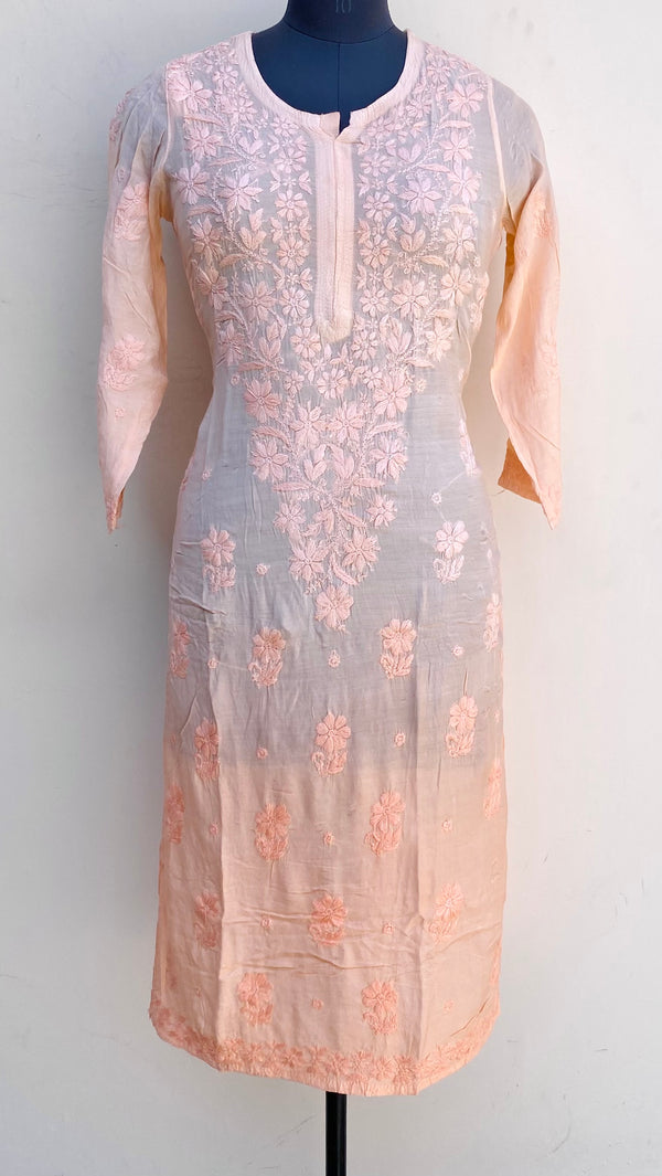 Lucknowi Chikankari Ombre Kurti Peach Muslin Cotton With Self 3D Work