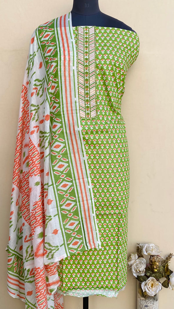 Designer Embroidered Suit Length 3 Piece Green Mal Cotton