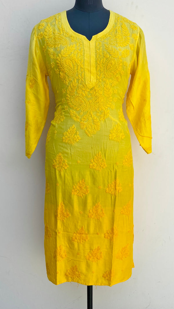Lucknowi Chikankari Ombre Kurti Yellow Muslin Cotton With Self 3D Work