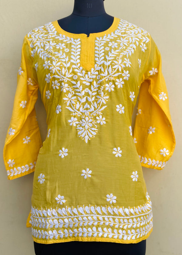 Lucknowi Chikankari Short Kurti Yellow Muslin Cotton