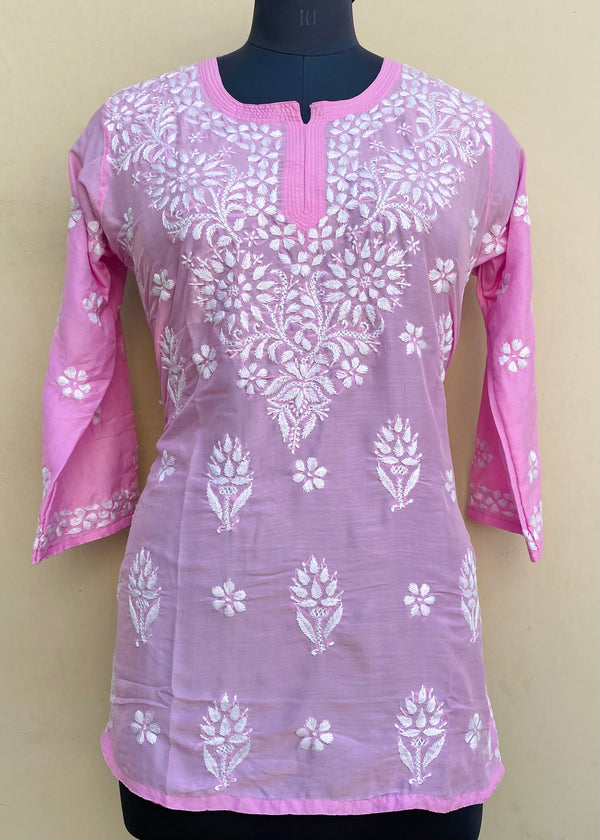 Lucknowi Chikankari Short Kurti Pink Muslin Cotton