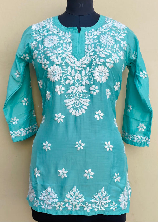 Lucknowi Chikankari Short Kurti Green Muslin Cotton