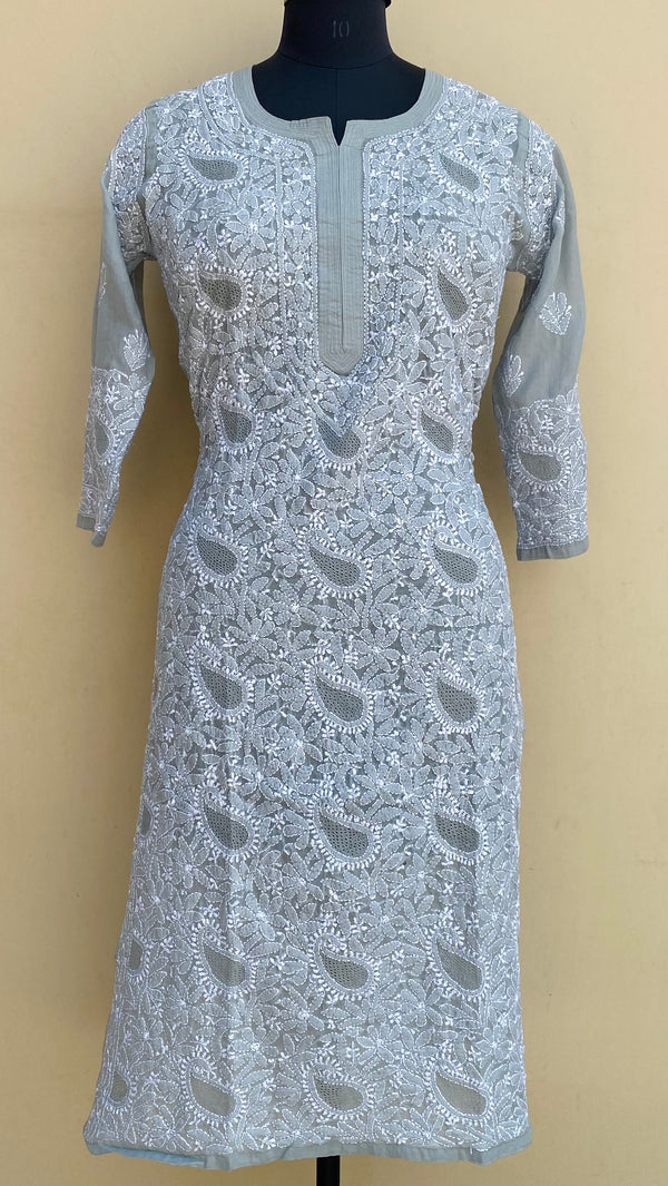 Lucknowi Chikankari Kurti Gray Cotton With Jaali Work