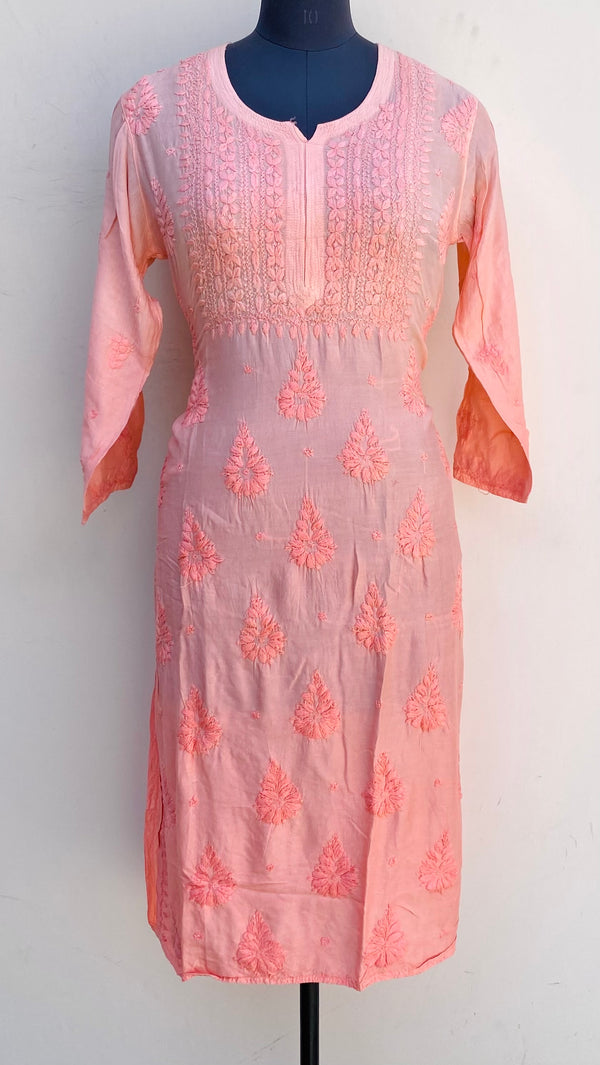 Lucknowi Chikankari Ombre Kurti Peach Muslin Cotton With Self 3D Work