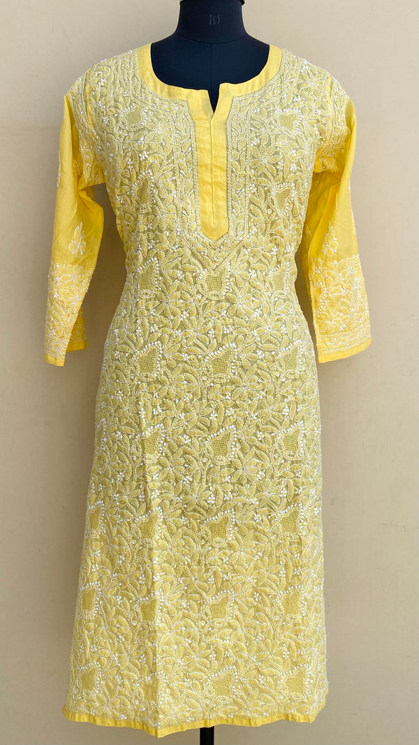 Lucknowi Chikankari Kurti Yellow Cotton With Jaali Work