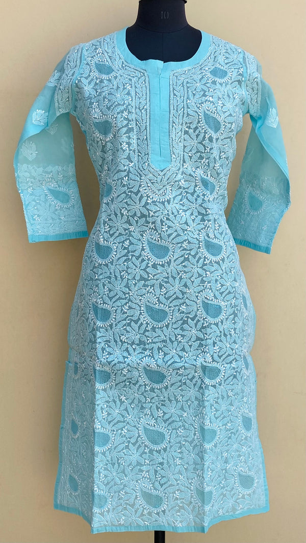 Lucknowi Chikankari Kurti Blue Cotton With Jaali Work