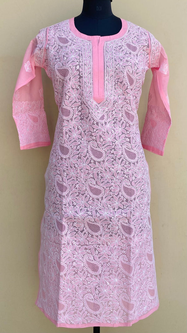 Lucknowi Chikankari Kurti Pink Cotton With Jaali Work