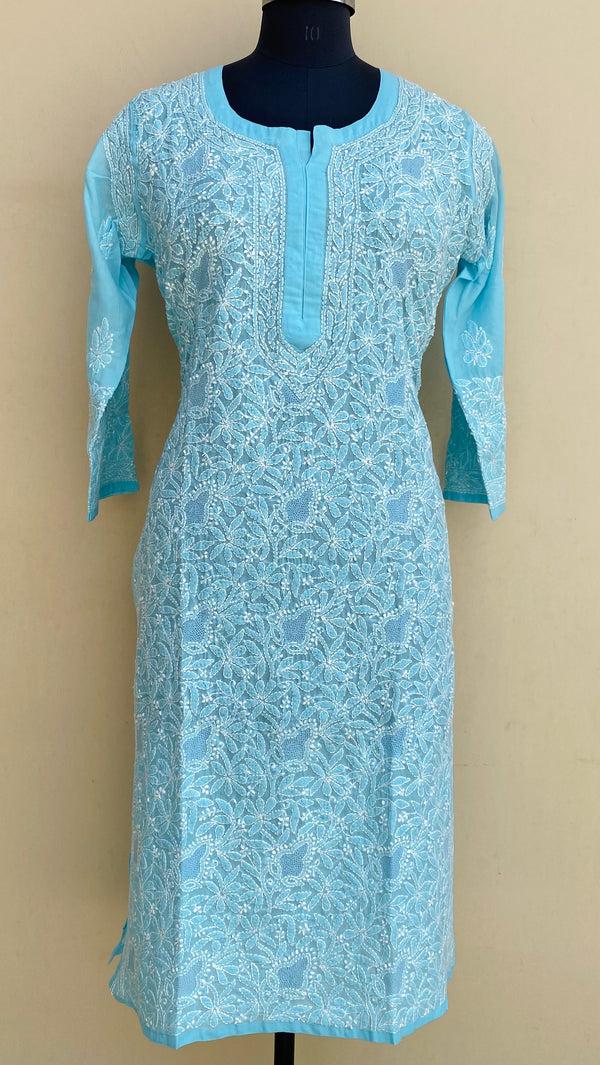 Lucknowi Chikankari Kurti Blue Cotton With Jaali Work