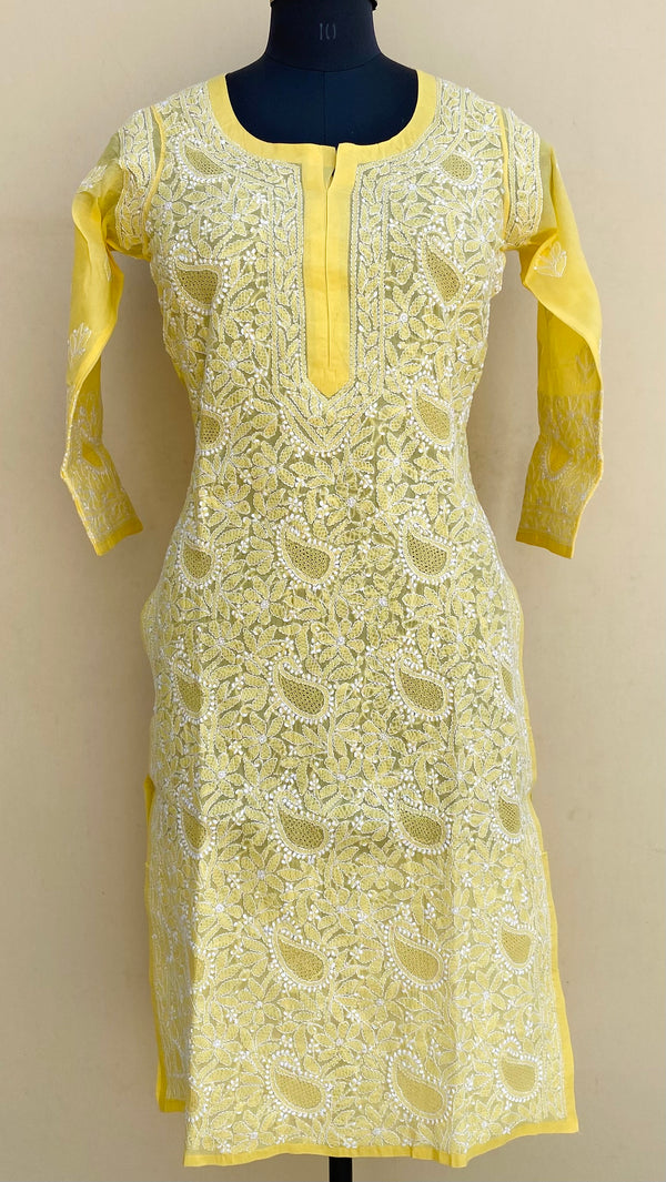 Lucknowi Chikankari Kurti Yellow Cotton With Jaali Work