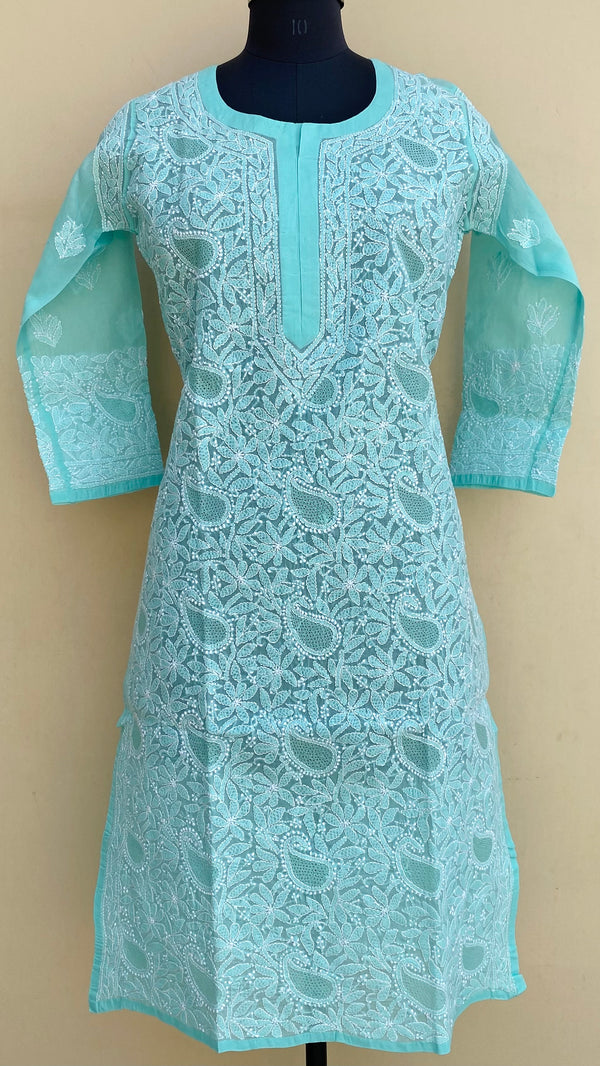 Lucknowi Chikankari Kurti Sea Green Cotton With Jaali Work