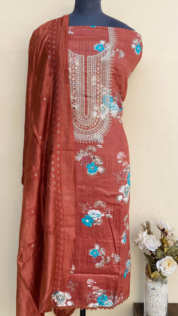 Designer Embroidered Suit Length 3 Piece Brown Mal Cotton With Mirror Work