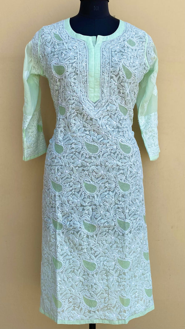 Lucknowi Chikankari Kurti Sea Green Cotton With Jaali Work