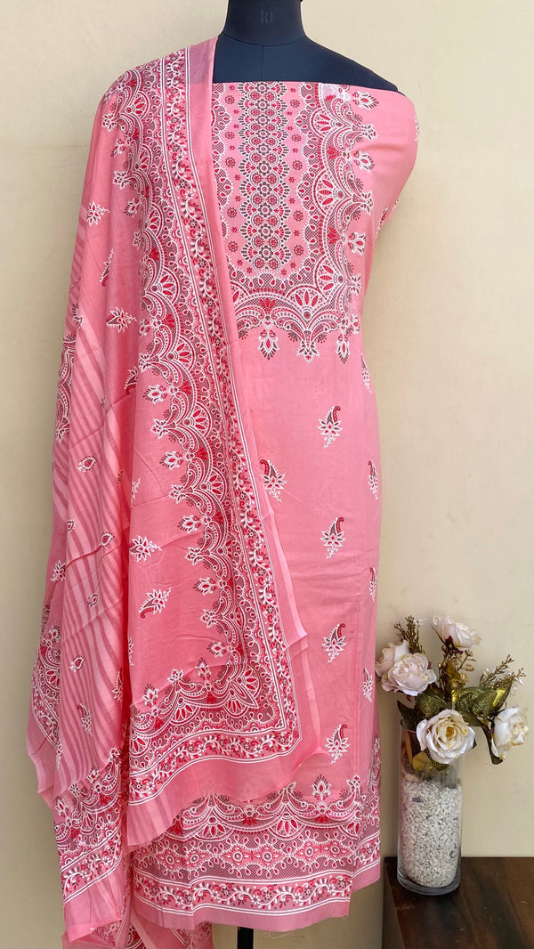 Designer Embroidered Suit Length 3 Piece Printed Peach Mal Cotton