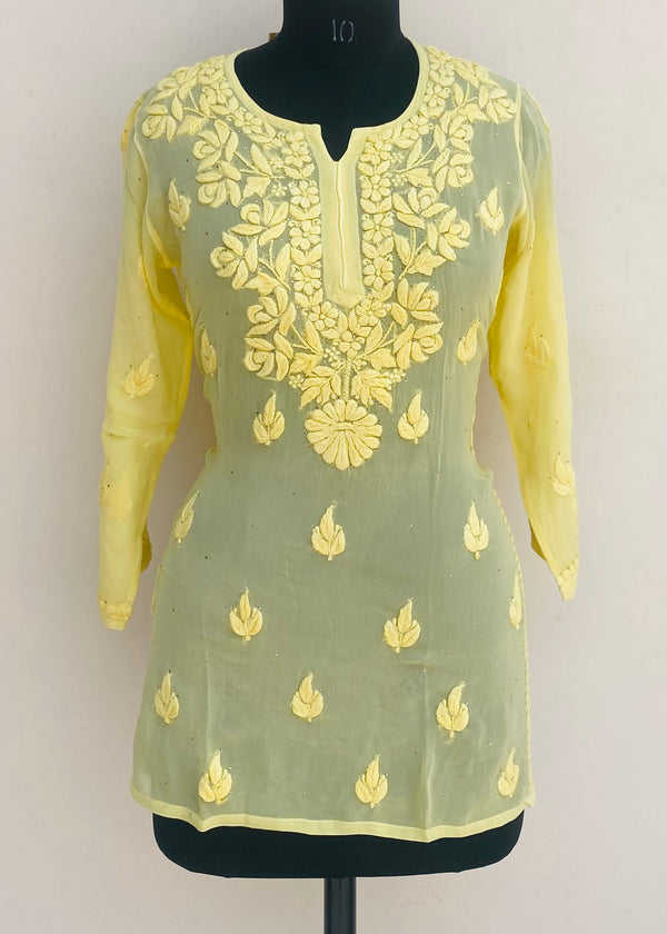 Lucknowi Chikankari Short Kurti Yellow Pure Georgette With Self 3D & Mukaish Work