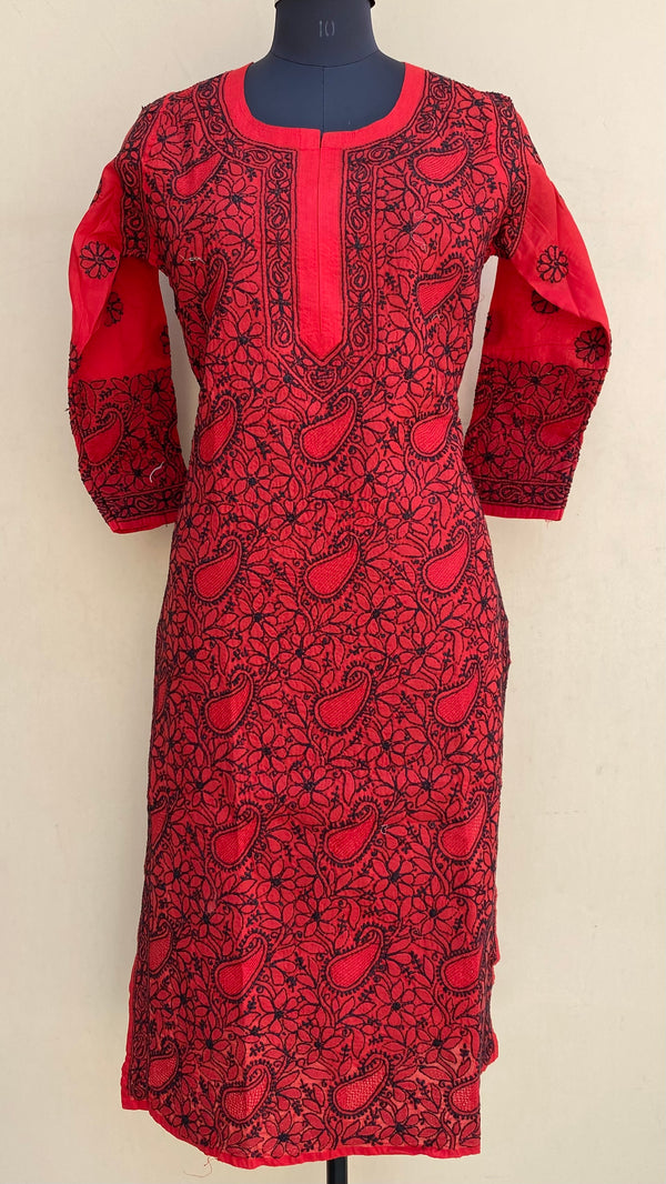 Lucknowi Chikankari Kurti Red Cotton With Jaali Work