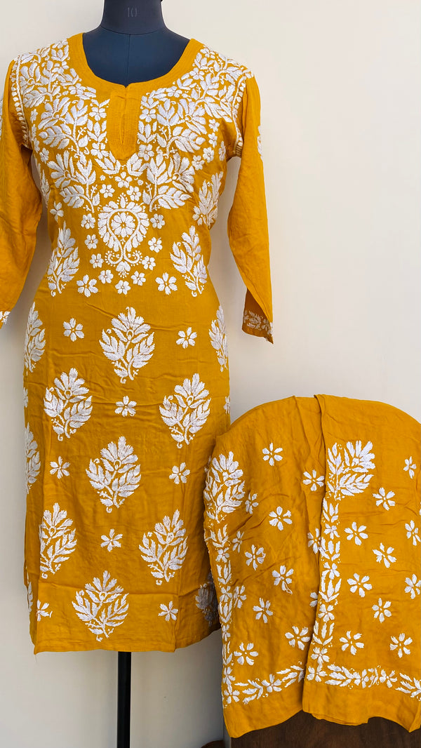 Lucknowi Chikankari Co-ord Set Mustard Modal Cotton