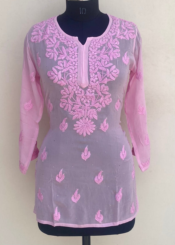 Lucknowi Chikankari Short Kurti Pink Pure Georgette With Self 3D & Mukaish Work