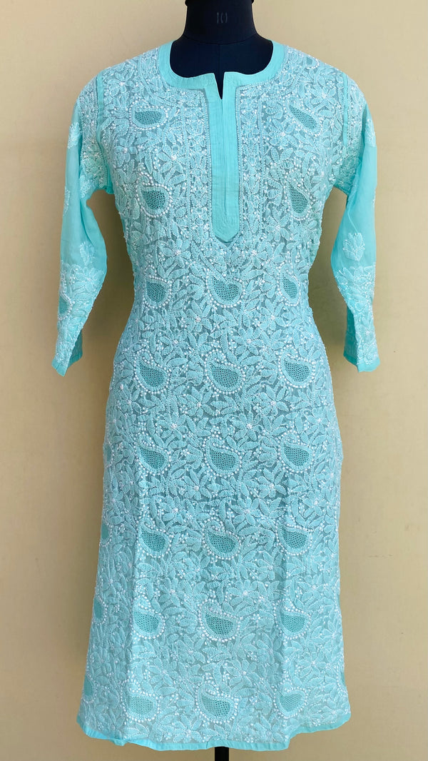 Lucknowi Chikankari Kurti Sea Green Cotton With Jaali Work