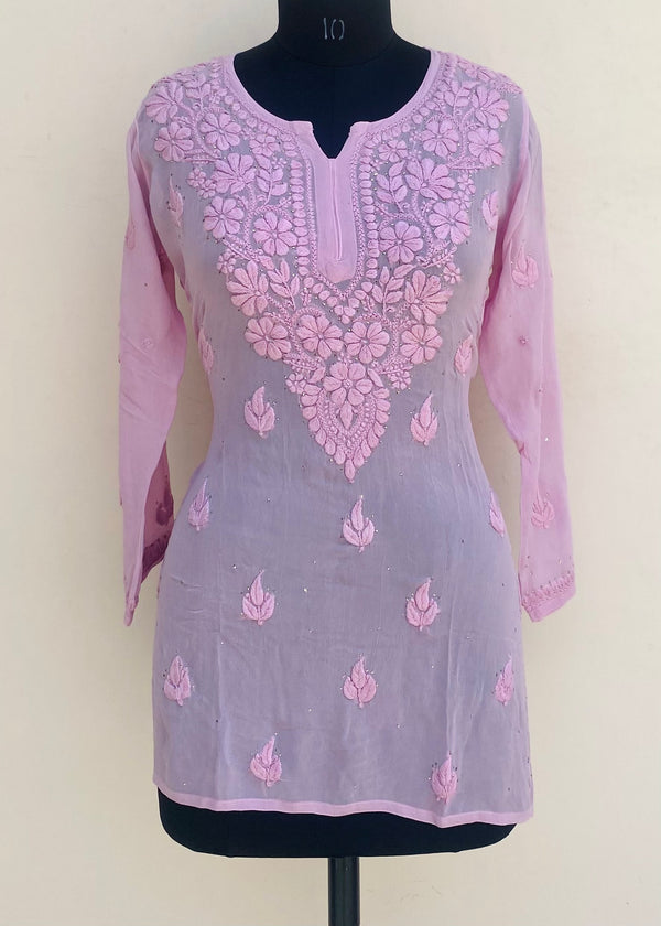 Lucknowi Chikankari Short Kurti Pink Pure Georgette With Self 3D & Mukaish Work