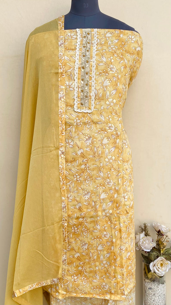 Designer Embroidered Suit Length 3 Piece Yellow Mal Cotton With Cutdana Work