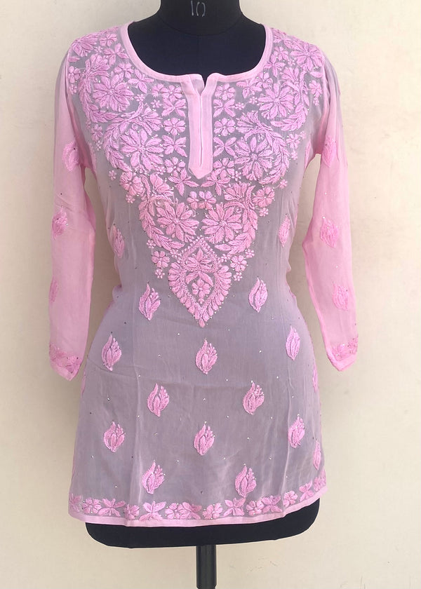 Lucknowi Chikankari Short Kurti Pink Pure Georgette With Self 3D & Mukaish Work