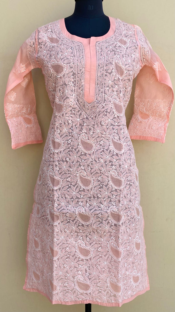 Lucknowi Chikankari Kurti Peach Cotton With Jaali Work