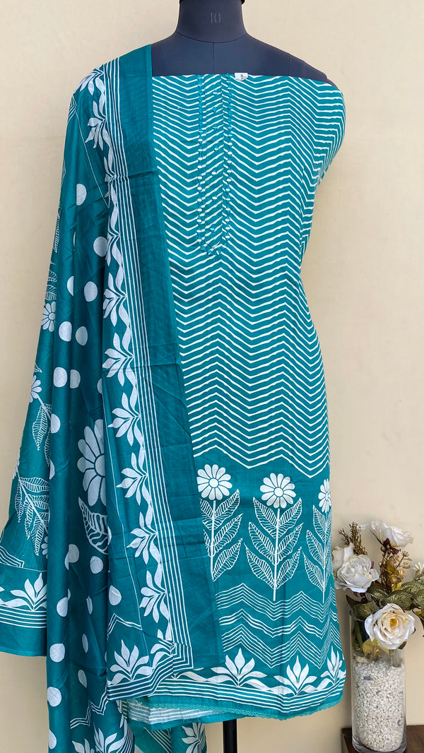 Designer Embroidered Suit Length 3 Piece Sea Green Mal Cotton With Mirror Work