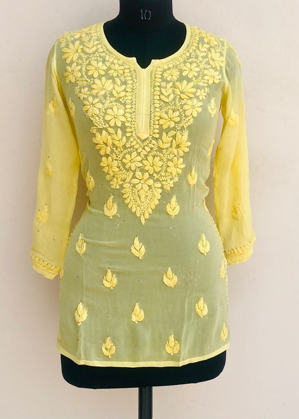 Lucknowi Chikankari Short Kurti Yellow Pure Georgette With Self 3D & Mukaish Work
