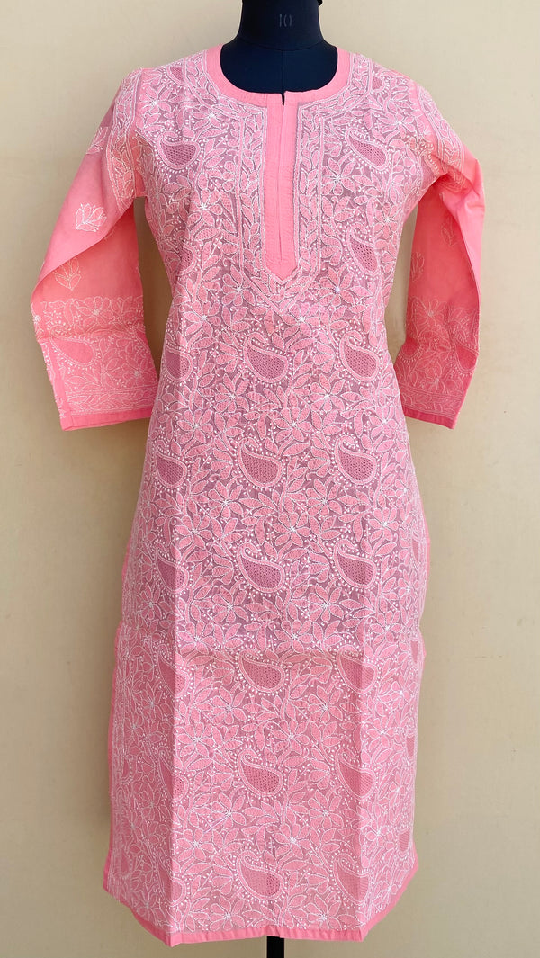 Lucknowi Chikankari Kurti Pink Cotton With Jaali Work