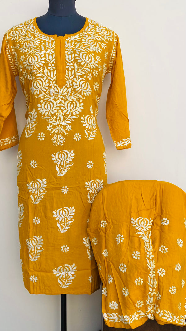 Lucknowi Chikankari Co-ord Set Mustard Modal Cotton