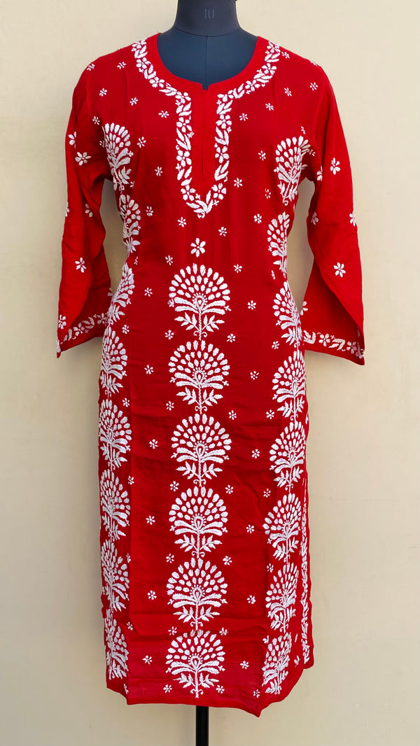 Lucknowi Chikankari Kurti Red Modal Cotton