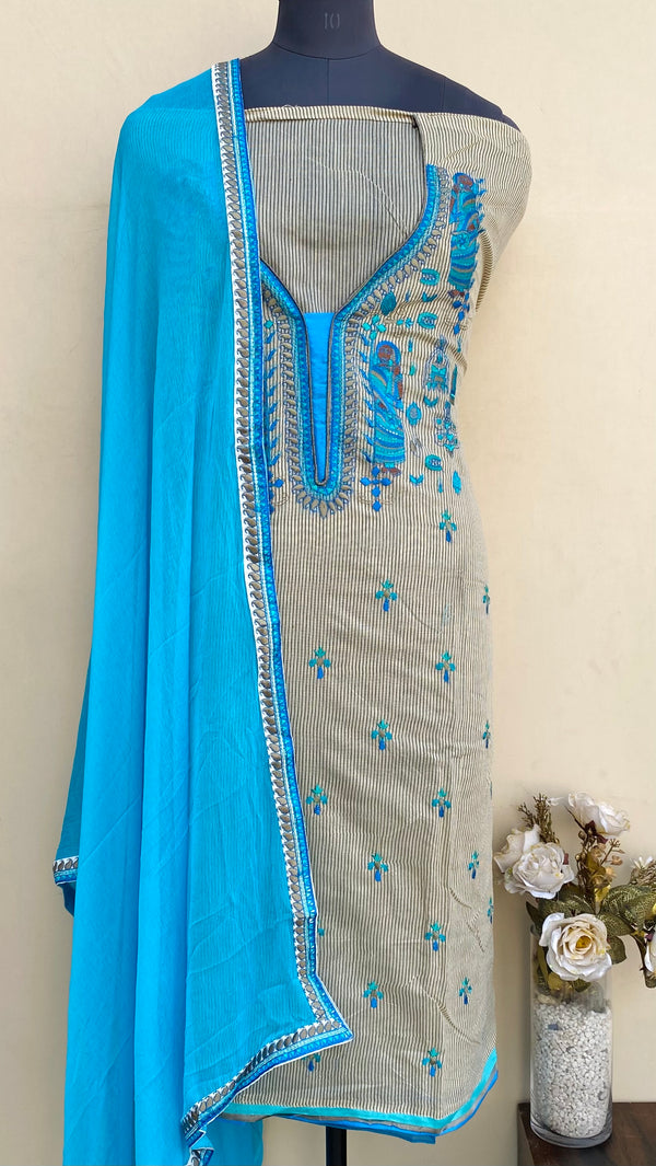 Designer Embroidered Suit Length 3 Piece Blue Mal Cotton